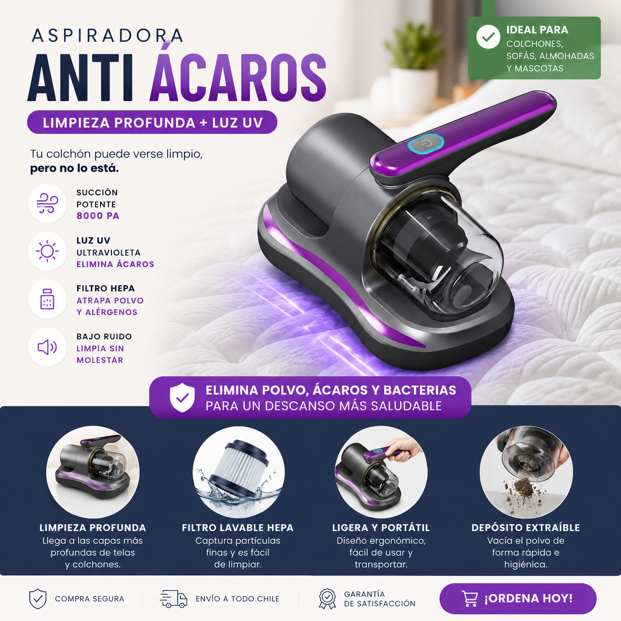 Aspiradora UV AntiAcaros Limpieza Profunda