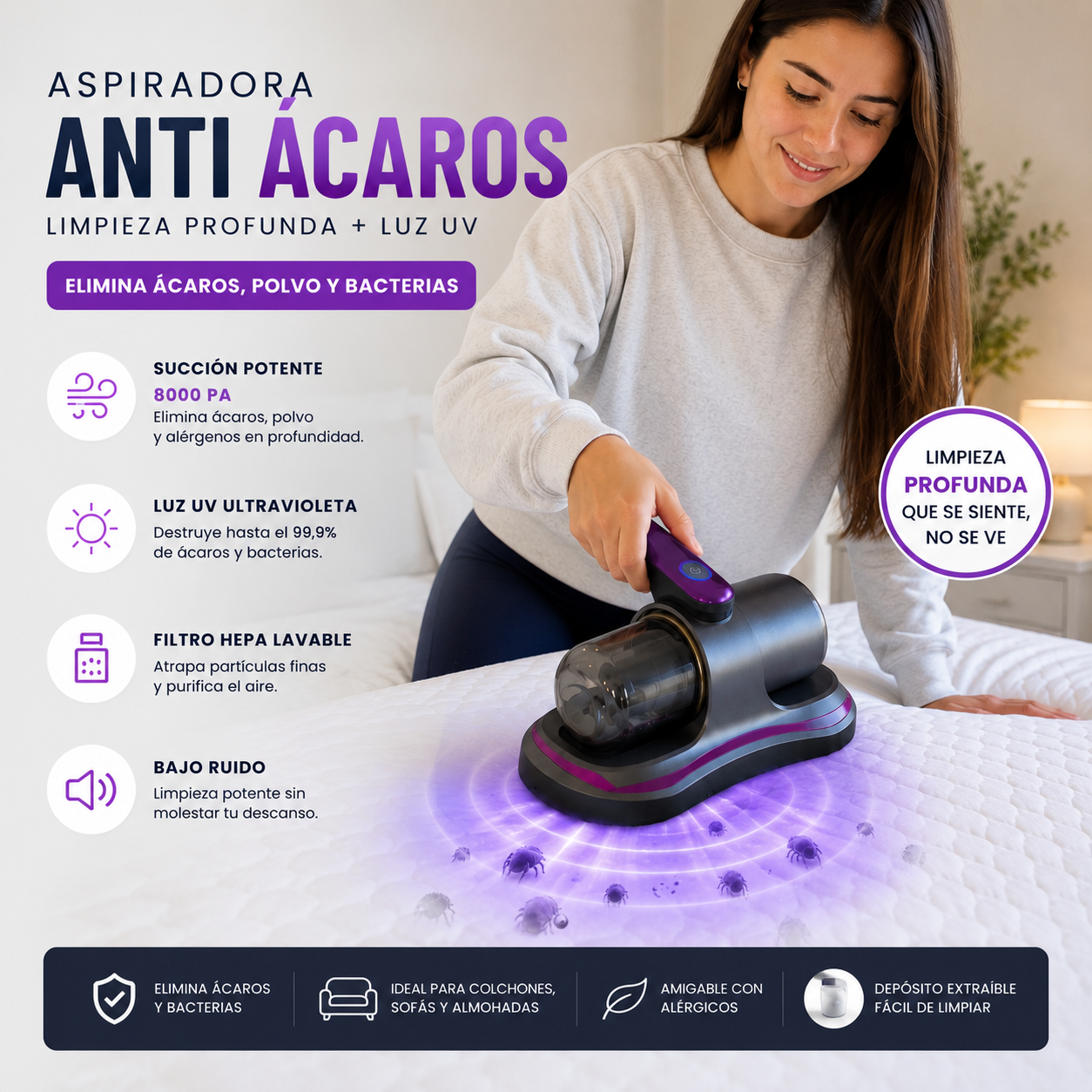 Aspiradora UV AntiAcaros Limpieza Profunda